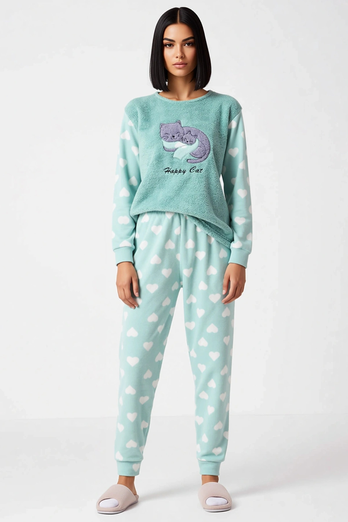 Kadın Bisiklet Yaka Standart Kol Uzun Kol Regular Kalıp Polar Pijama Takımı Fonksiyonel Şık