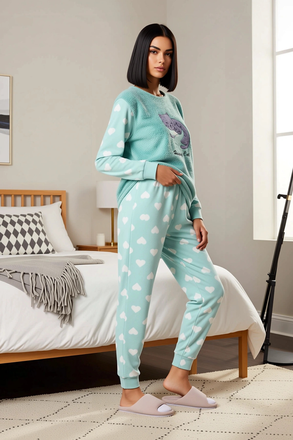 Kadın Bisiklet Yaka Standart Kol Uzun Kol Regular Kalıp Polar Pijama Takımı Fonksiyonel Şık