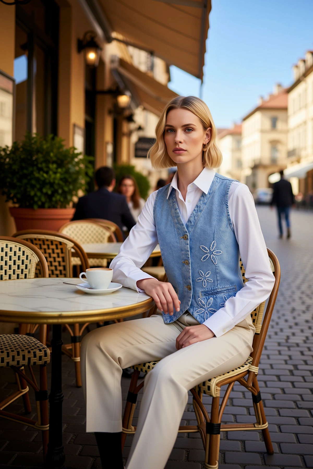 Kadın V Yaka Kolsuz Denim Yelek Çiçek Nakışlı Regular Kalıp 100 Astarsız Günlük Kullanım %100 Pamuk