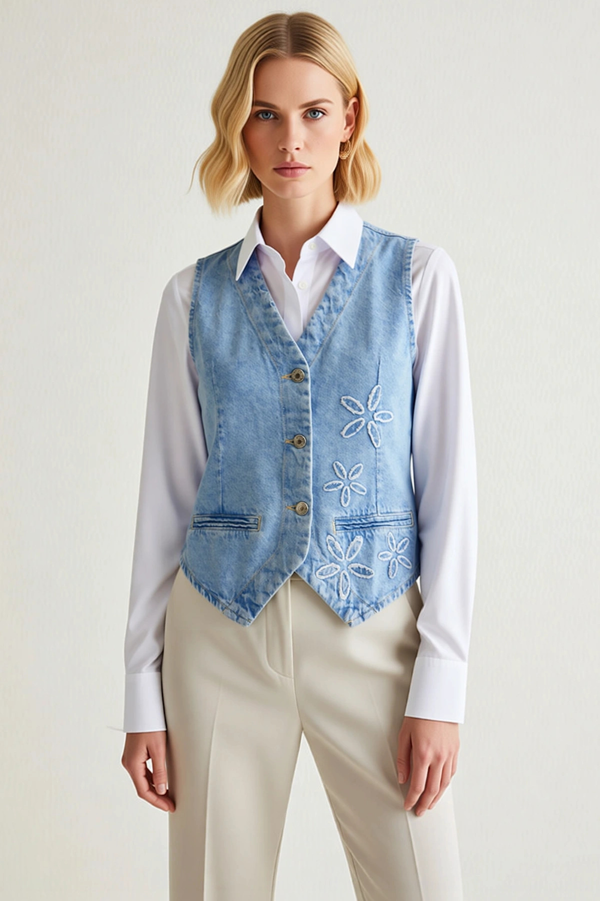 Kadın V Yaka Kolsuz Denim Yelek Çiçek Nakışlı Regular Kalıp 100 Astarsız Günlük Kullanım %100 Pamuk