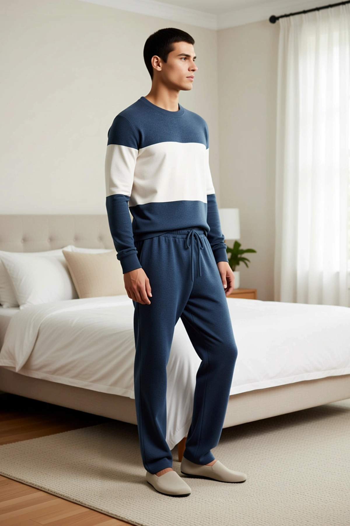 Kadın Bisiklet Yaka Düşük Kol Uzun Kollu Regular Kalıp Dokulu Örme Pijama Takımı Dayanıklı