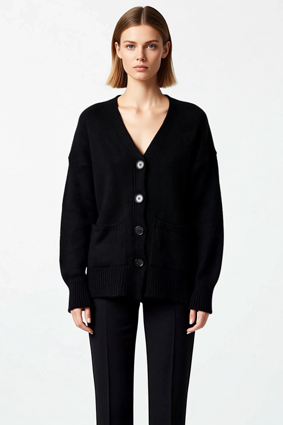 Kadın Oversize Selanik Örgü Triko Hırka V Yaka Düşük Kol Cepli Rahat Kesim Yumuşak Dokulu Basic Stil