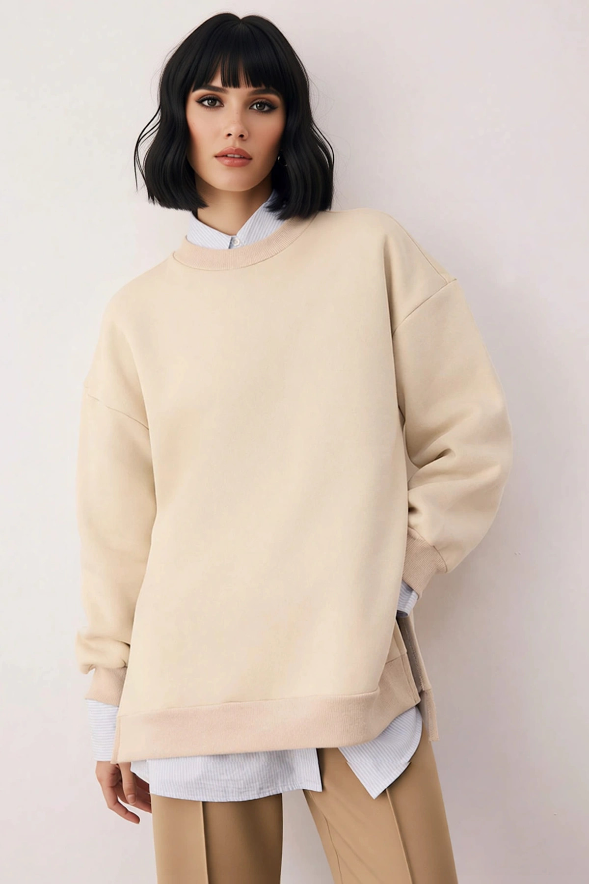 Kadın Bisiklet Yaka Düşük Kol Oversize Kalın Örme Sweatshirt Fonksiyonel Dayanıklı Estetik