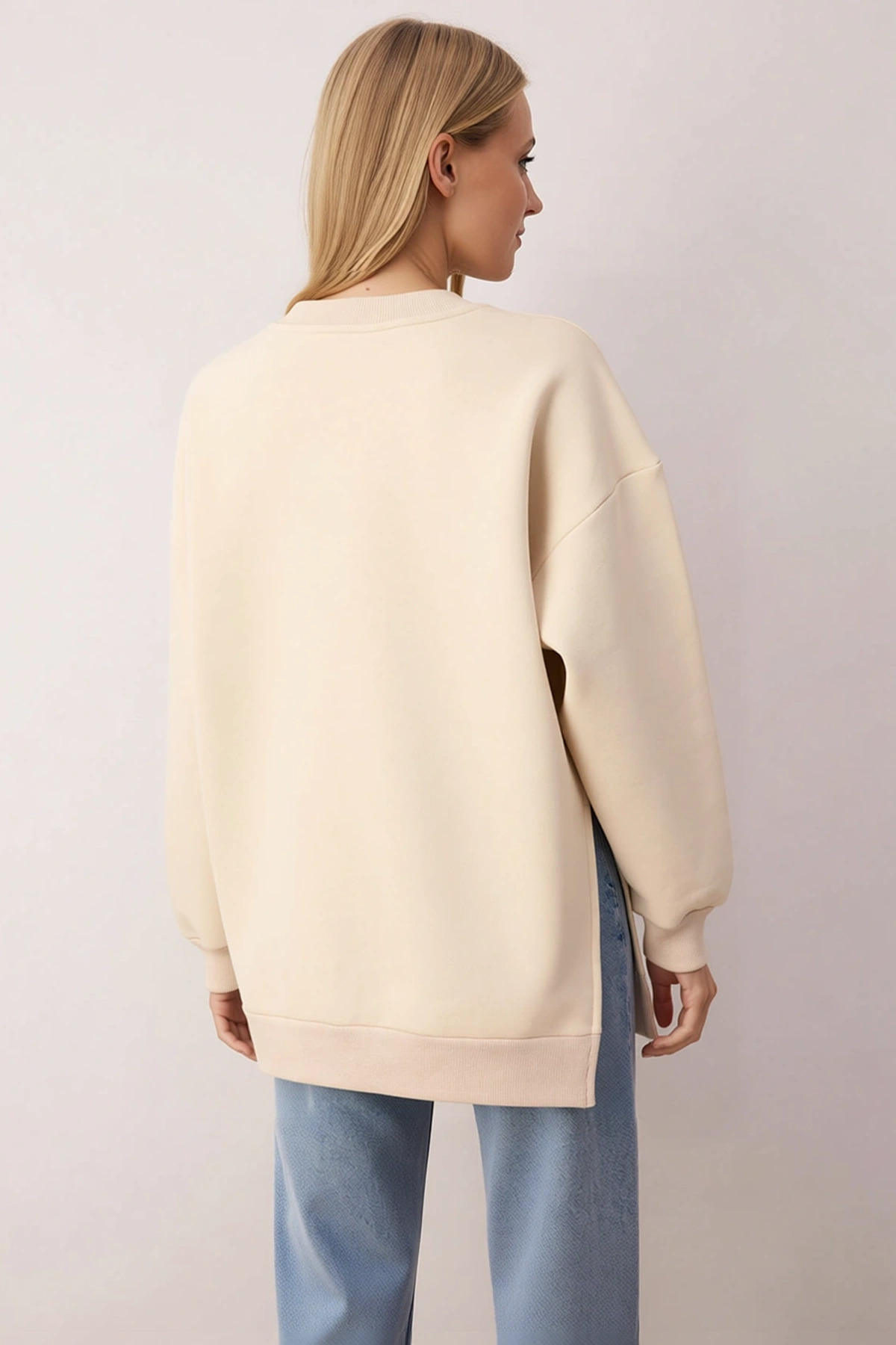 Kadın Bisiklet Yaka Düşük Kol Oversize Kalın Örme Sweatshirt Fonksiyonel Dayanıklı Estetik