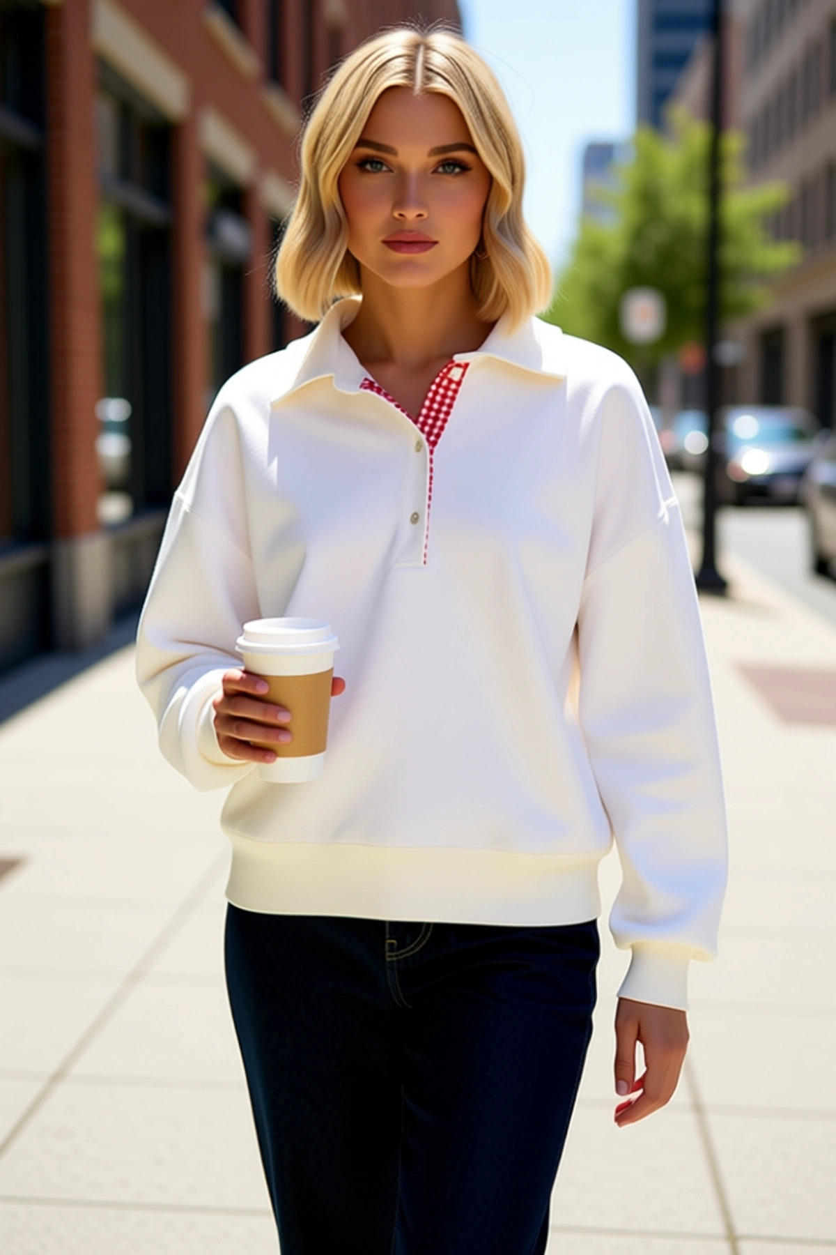 Alternative view of Kadın Polo Yaka Düşük Kol Düz Örme Sweatshirt Fonksiyonel Dayanıklı Kaliteli Konforlu Spor