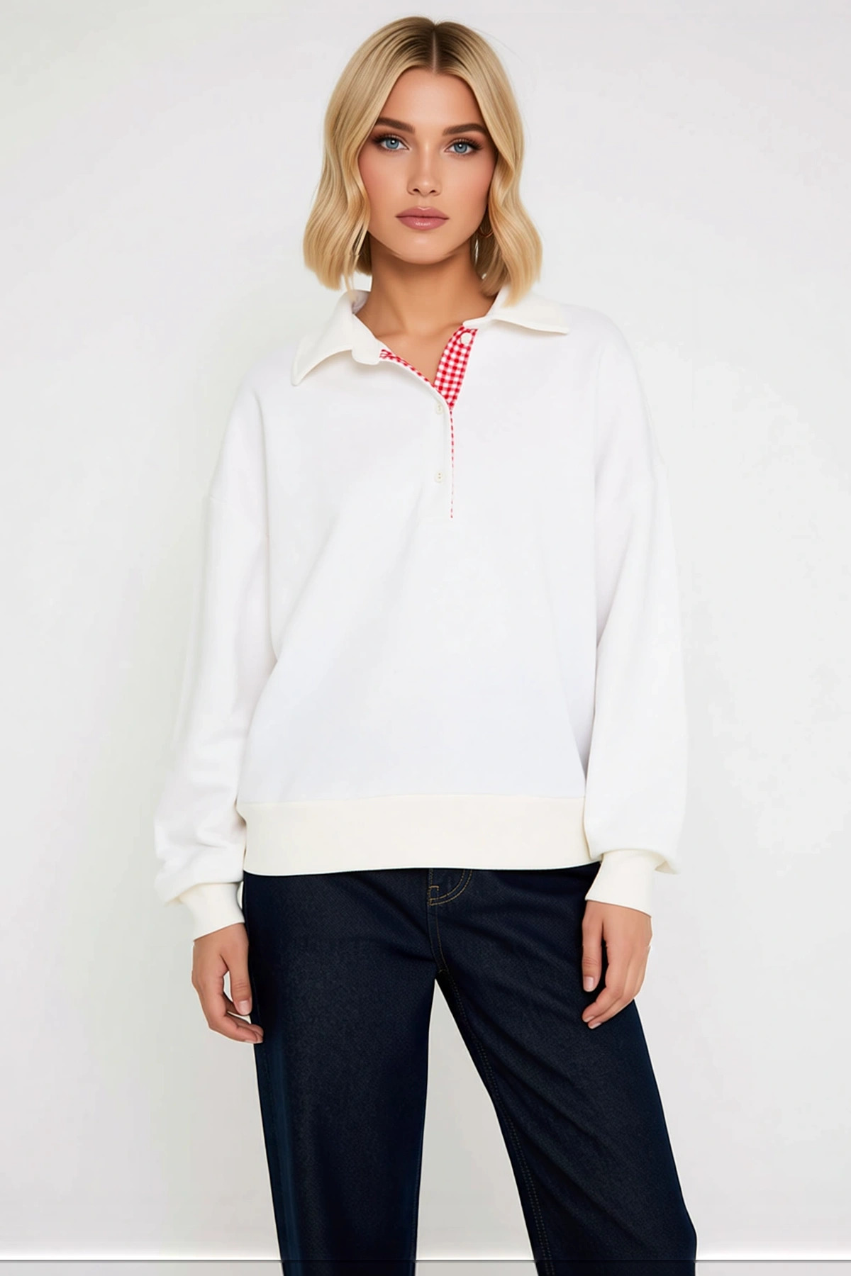 Kadın Polo Yaka Düşük Kol Düz Örme Sweatshirt Fonksiyonel Dayanıklı Kaliteli Konforlu Spor