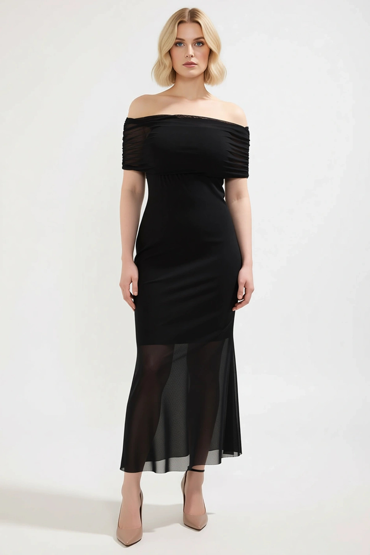 Kadın Büyük Beden Carmen Yaka Tül Örme Bodycon Maxi Elbise Kolsuz Zarif Günlük Rahat Modern Şık
