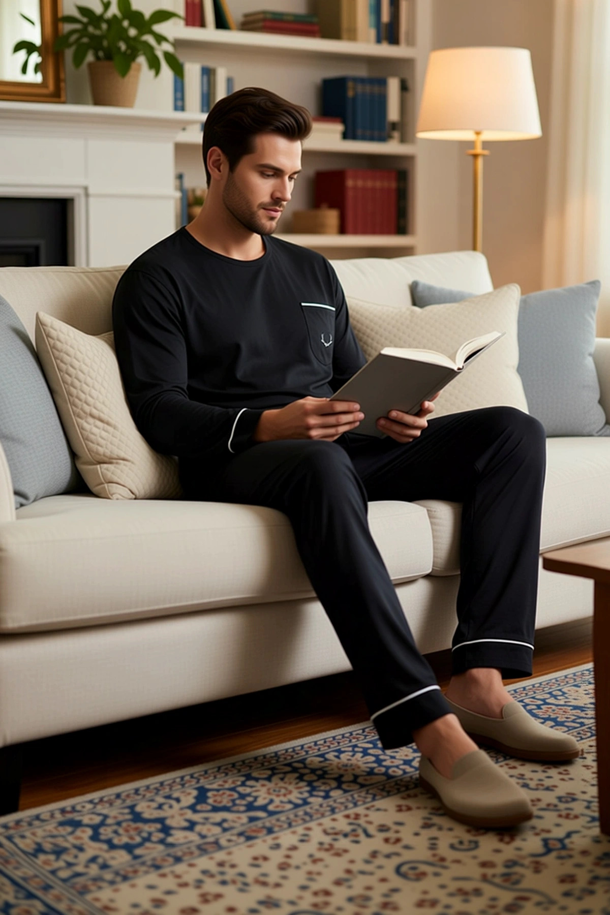 Erkek Büyük Beden Bisiklet Yaka Uzun Kol Nakışlı Örme Pijama Takımı Fonksiyonel %100 Pamuk