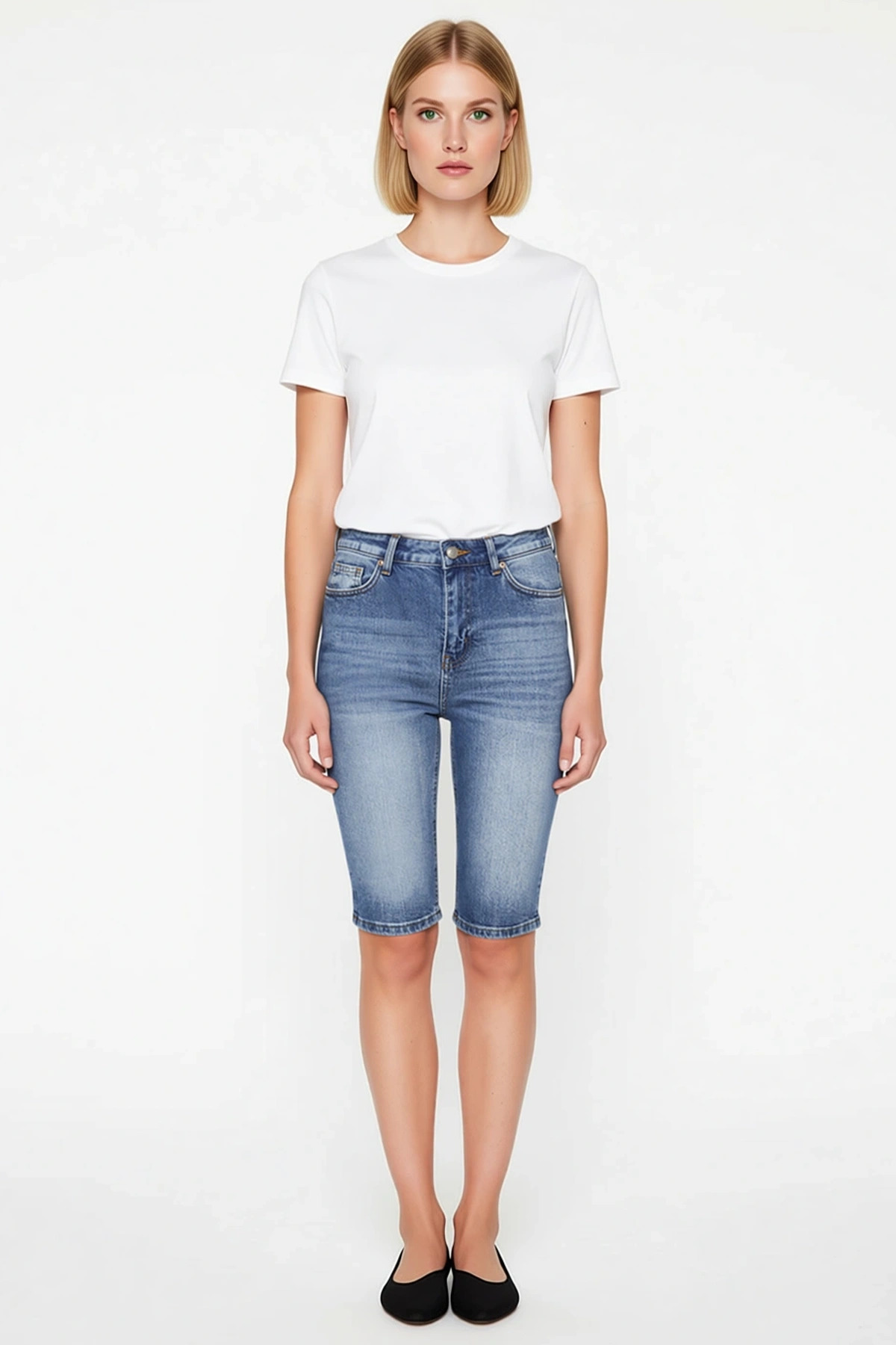 Kadın Denim Kapri Yüksek Bel Düz Desen Bermuda Kalıp Dar Paça Skinny Fit Comfort Dokuma