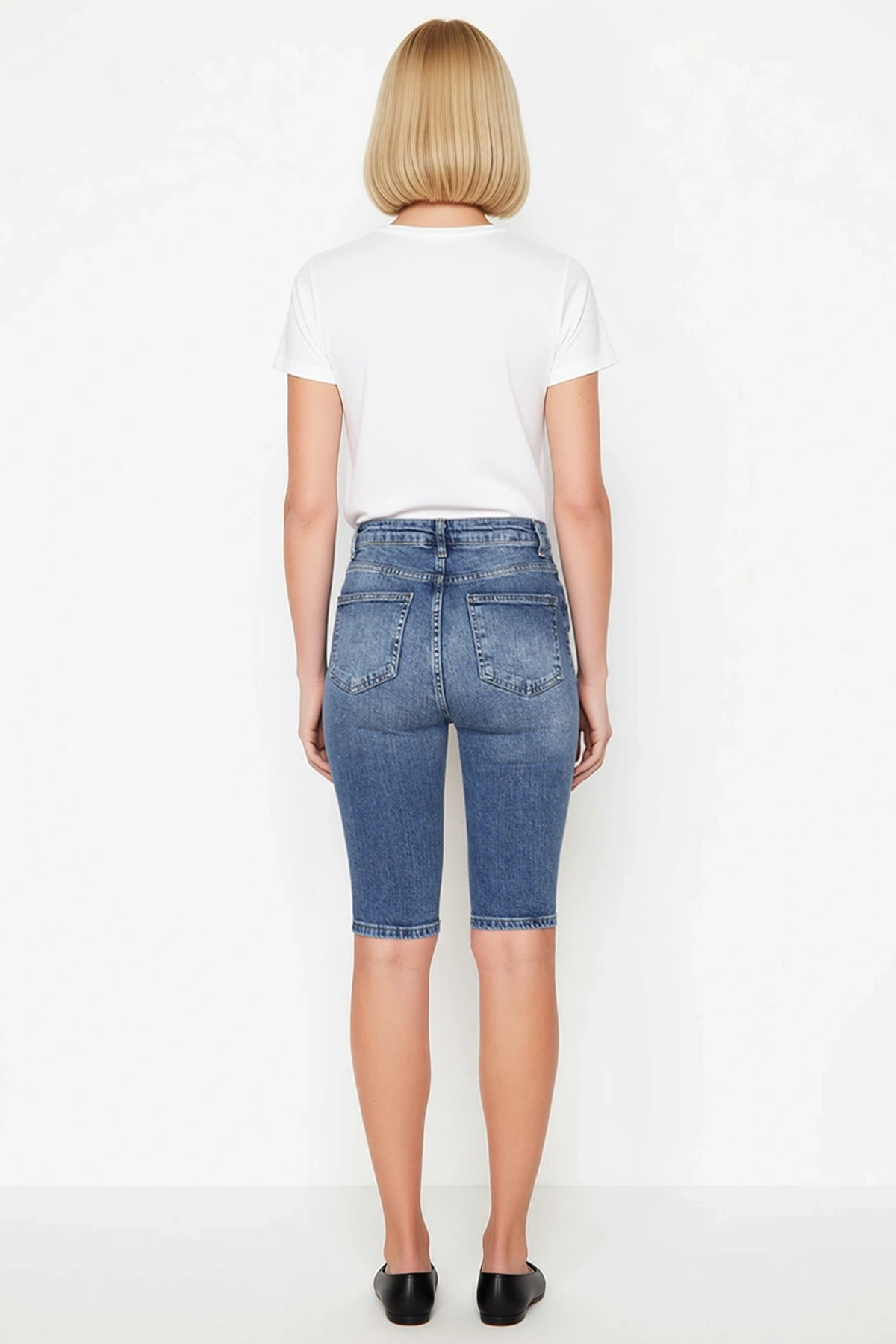 Kadın Denim Kapri Yüksek Bel Düz Desen Bermuda Kalıp Dar Paça Skinny Fit Comfort Dokuma