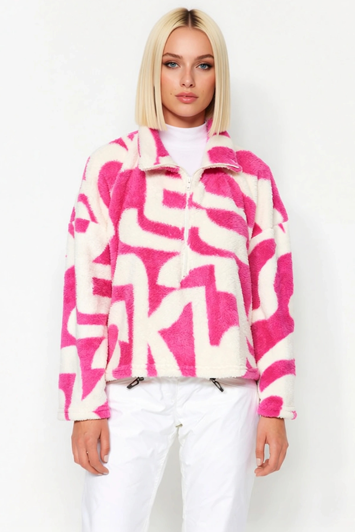 Kadın Dik Yaka Düşük Kol Fermuarlı Baskılı Örme Sweatshirt Fonksiyonel Dayanıklı Kaliteli Şık
