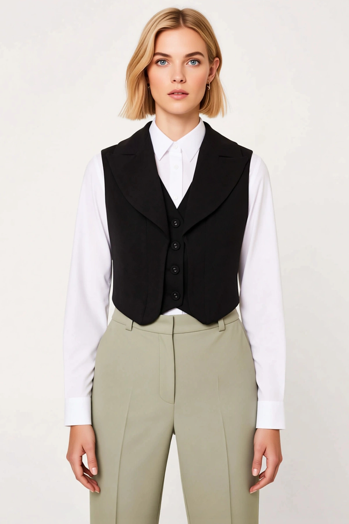 Kadın Ceket Yaka Kolsuz Düğmeli Dokuma Kumaş Crop Yelek Fitted Kalıp Astarlı Düz Desenli Yelek