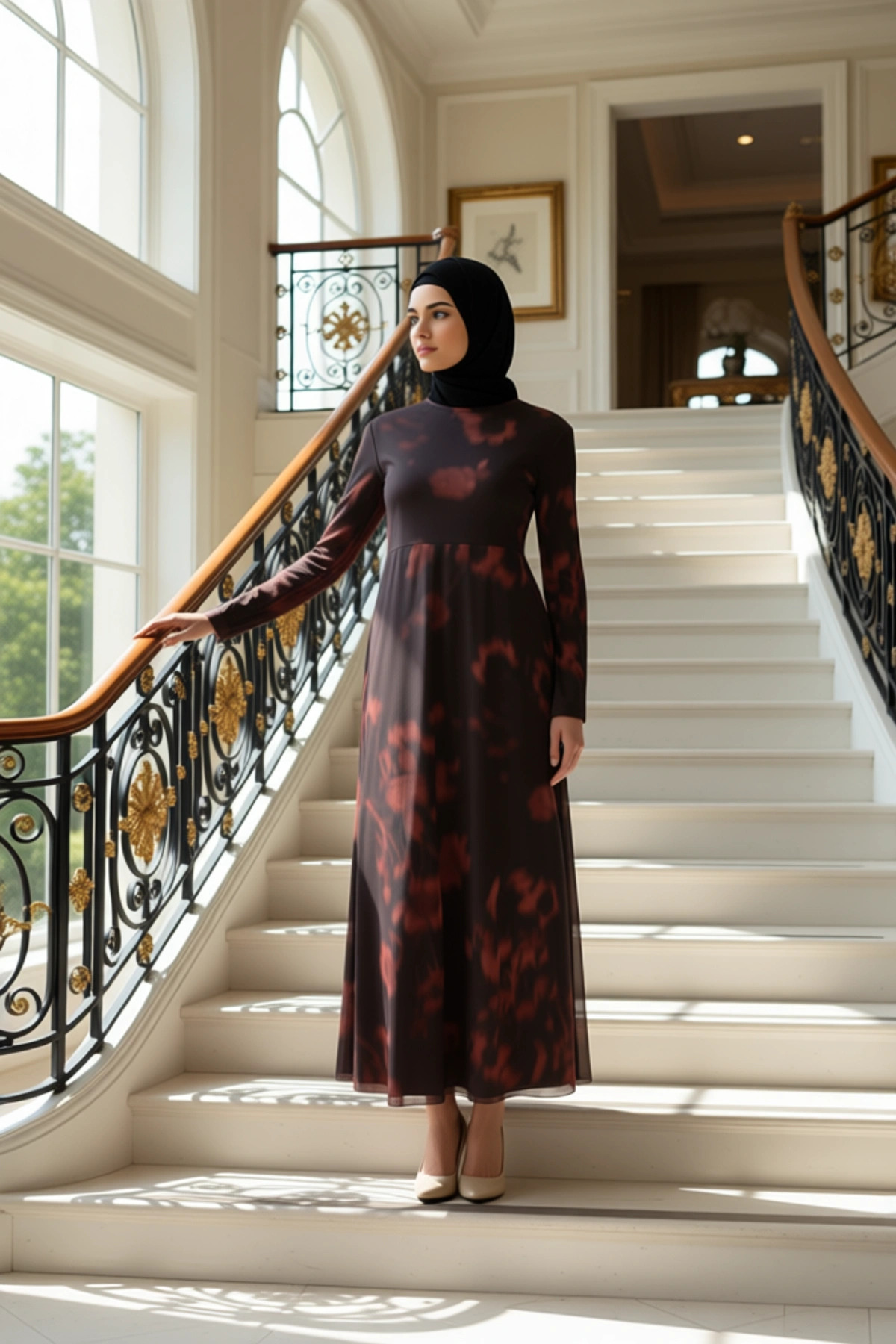 Kadın Dik Yaka Standart Kol Bodycon Kalıp Batik Desenli Maxi Elbise Fonksiyonel Dayanıklı Şık