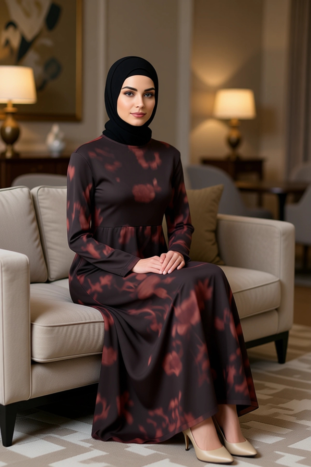 Kadın Dik Yaka Standart Kol Bodycon Kalıp Batik Desenli Maxi Elbise Fonksiyonel Dayanıklı Şık