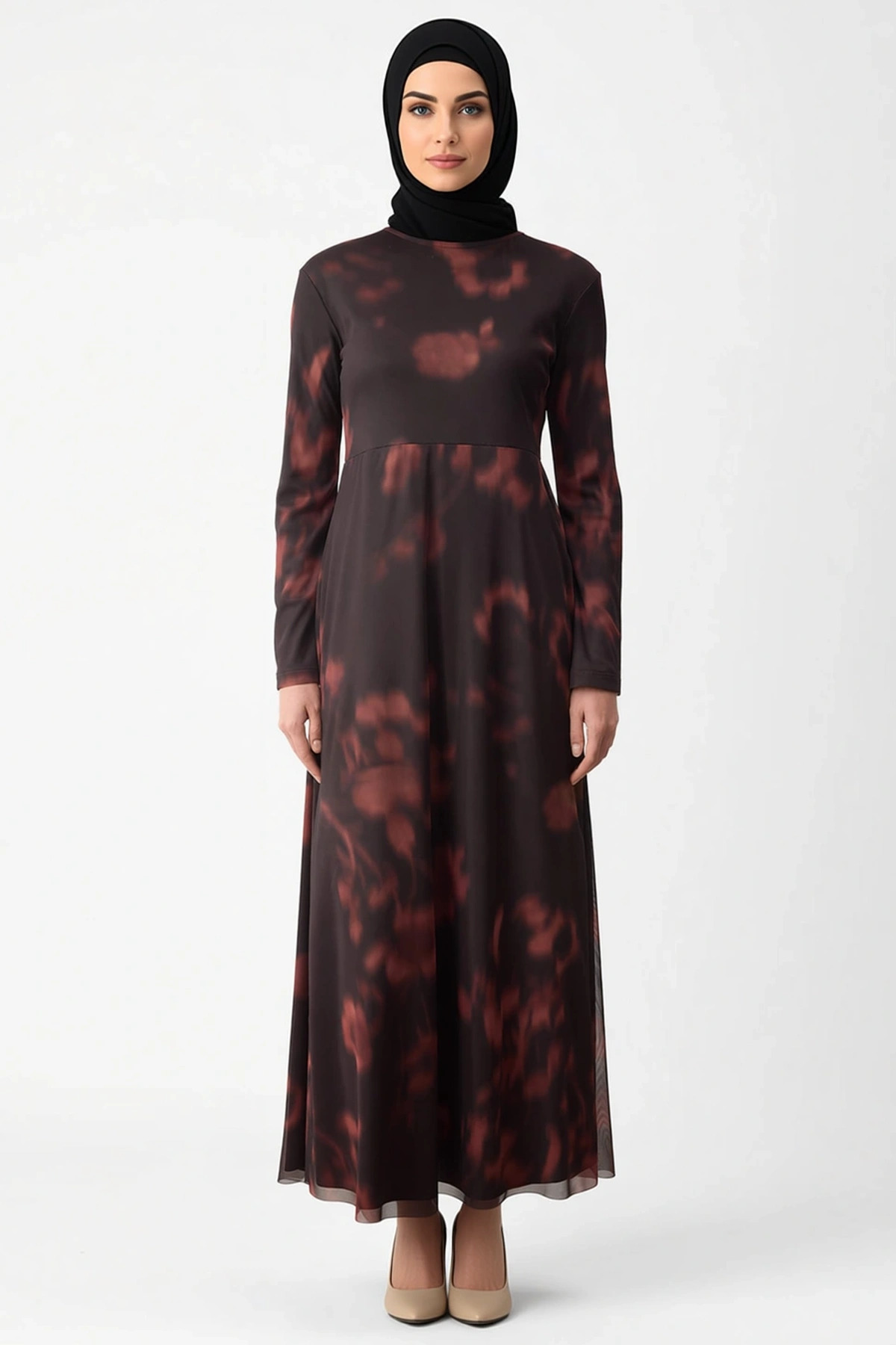 Kadın Dik Yaka Standart Kol Bodycon Kalıp Batik Desenli Maxi Elbise Fonksiyonel Dayanıklı Şık