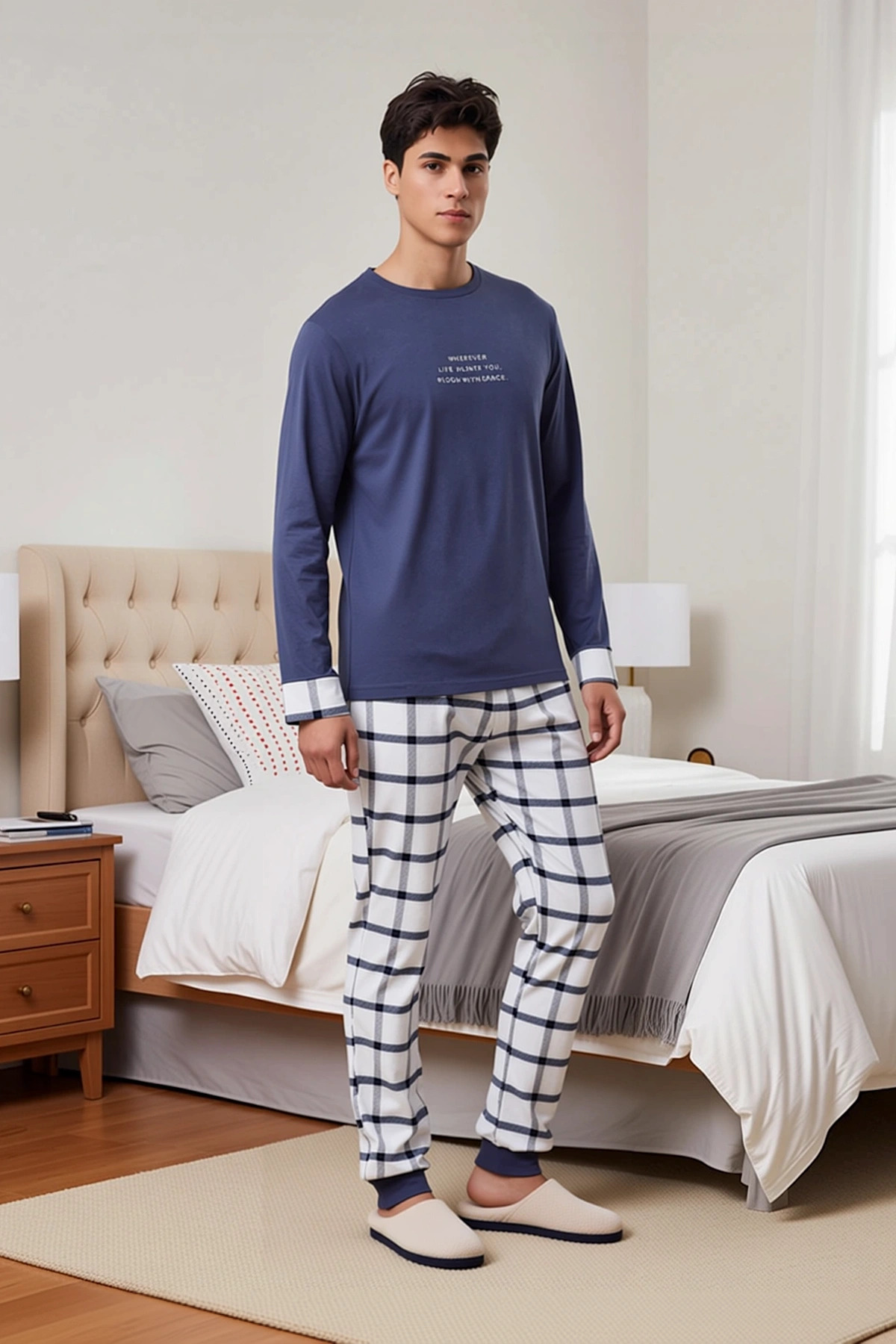 Erkek Bisiklet Yaka Uzun Kol Ekose Kareli Örme Pijama Takımı Kaliteli