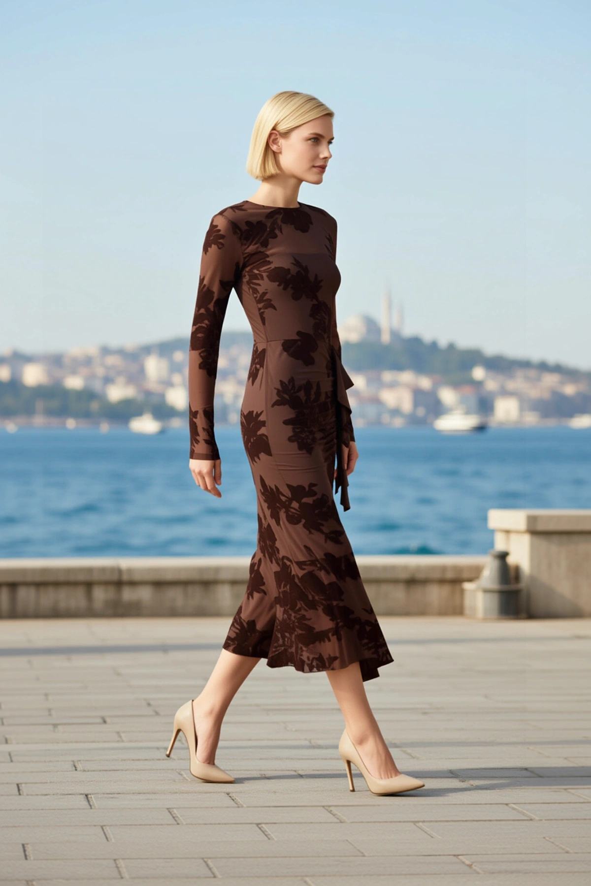 Kadın Midi Elbise Bodycon Bisiklet Yaka Uzun Standart Kol Flok Baskılı Tül Astarlı Çiçek