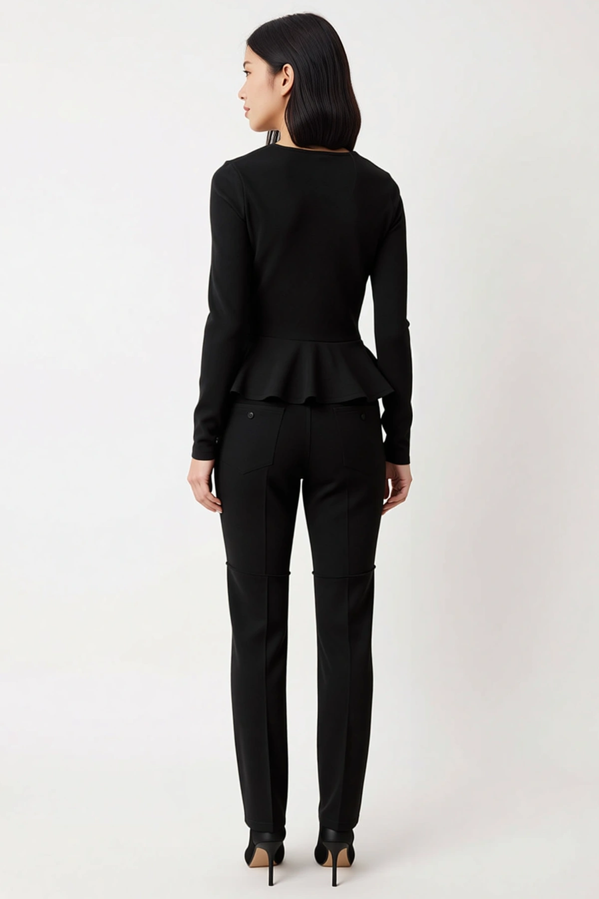 Kadın Büyük Beden V Yaka Düğmeli Peplum Kesim Uzun Kollu Fitted Örme Bluz Konforlu Günlük Rahat