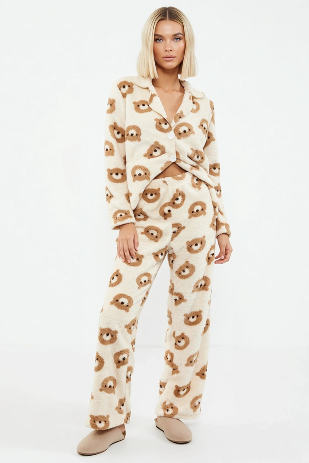Kadın Gömlek Yaka Standart Kol Regular Kalıp Wellsoft Örme Pijama Takımı Şık