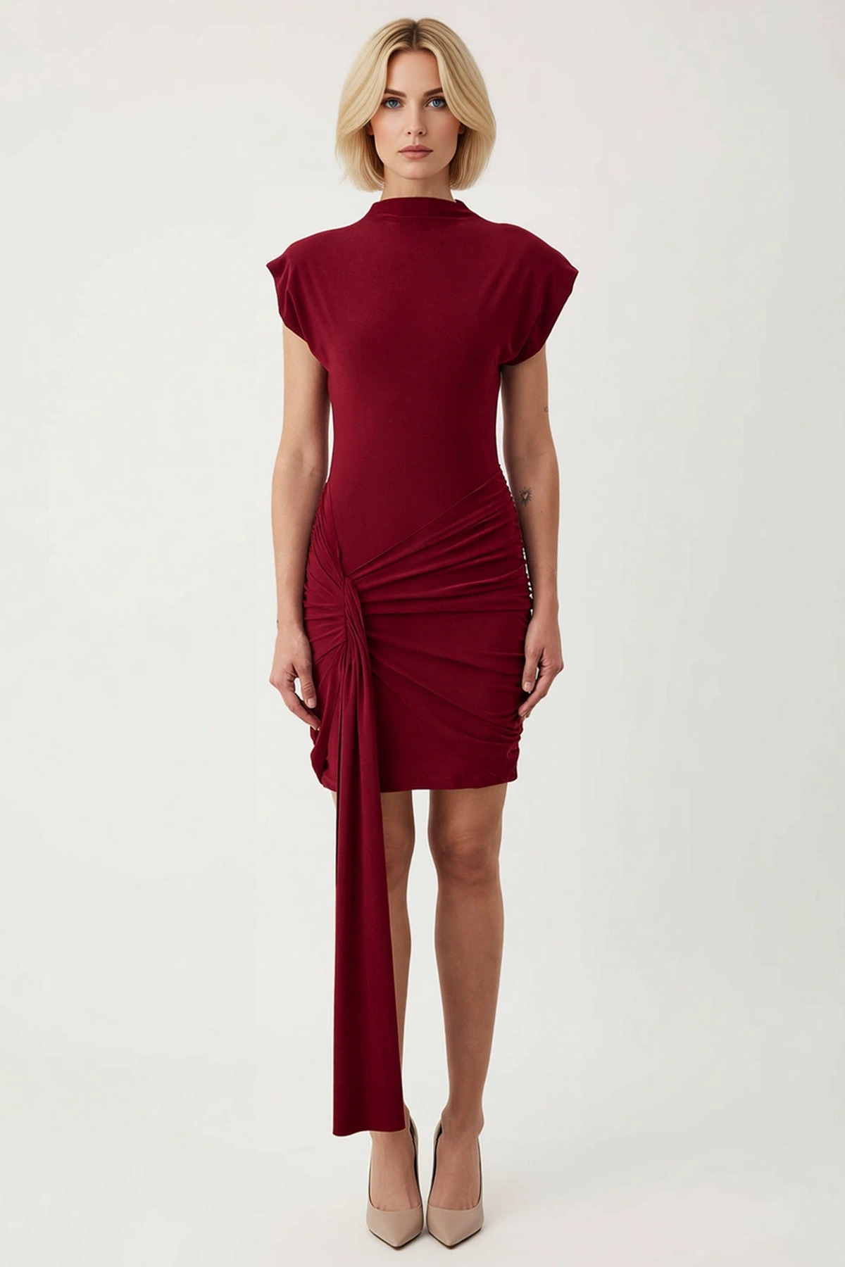 Kadın Dik Yaka Ay Kol Örme Bodycon Mini Elbise Aksesuar Detaylı Fonksiyonel Dayanıklı Spor