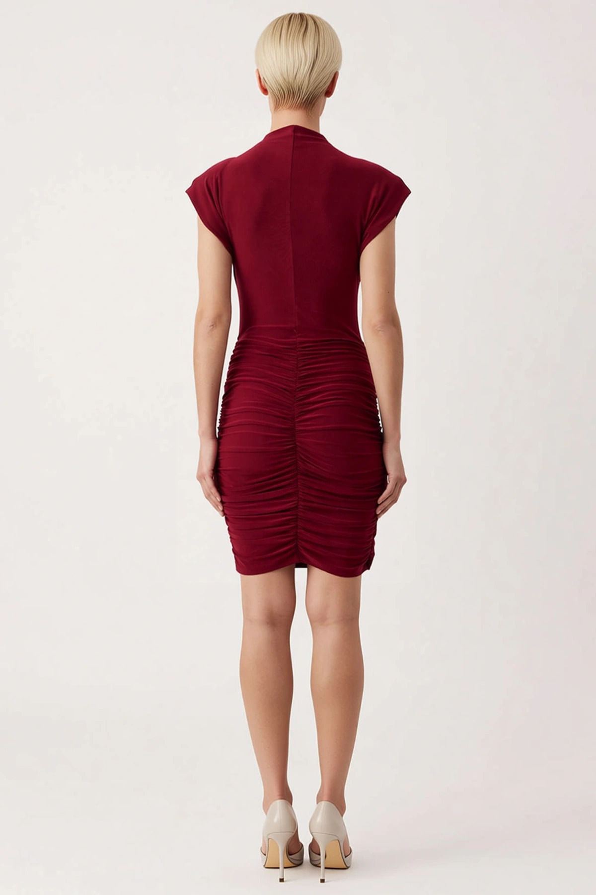Kadın Dik Yaka Ay Kol Örme Bodycon Mini Elbise Aksesuar Detaylı Fonksiyonel Dayanıklı Spor
