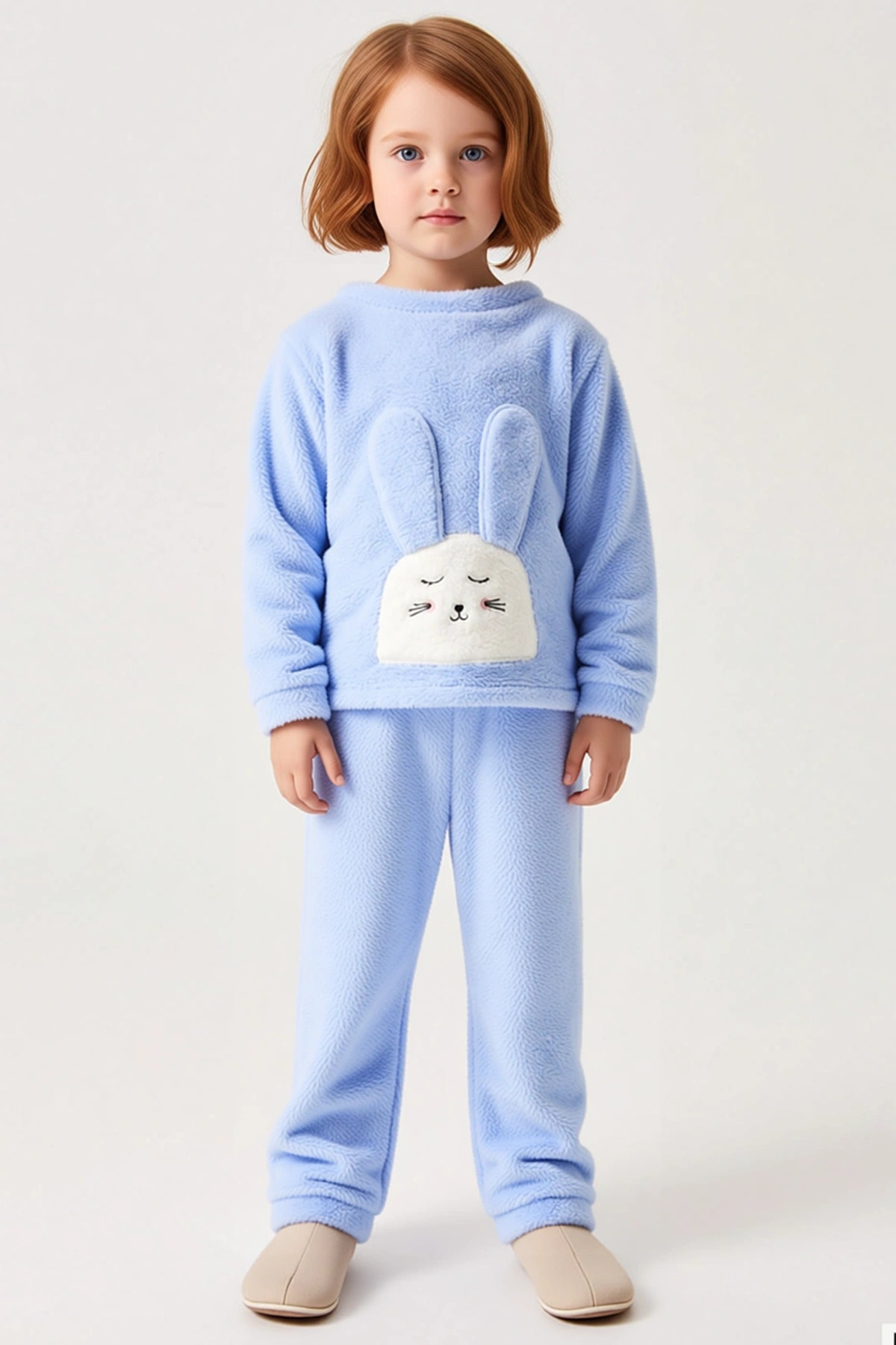 Kız Çocuk Bisiklet Yaka Standart Kol Uzun Kol Regular Kalıp Peluş Örme Pijama Takımı Dayanıklı