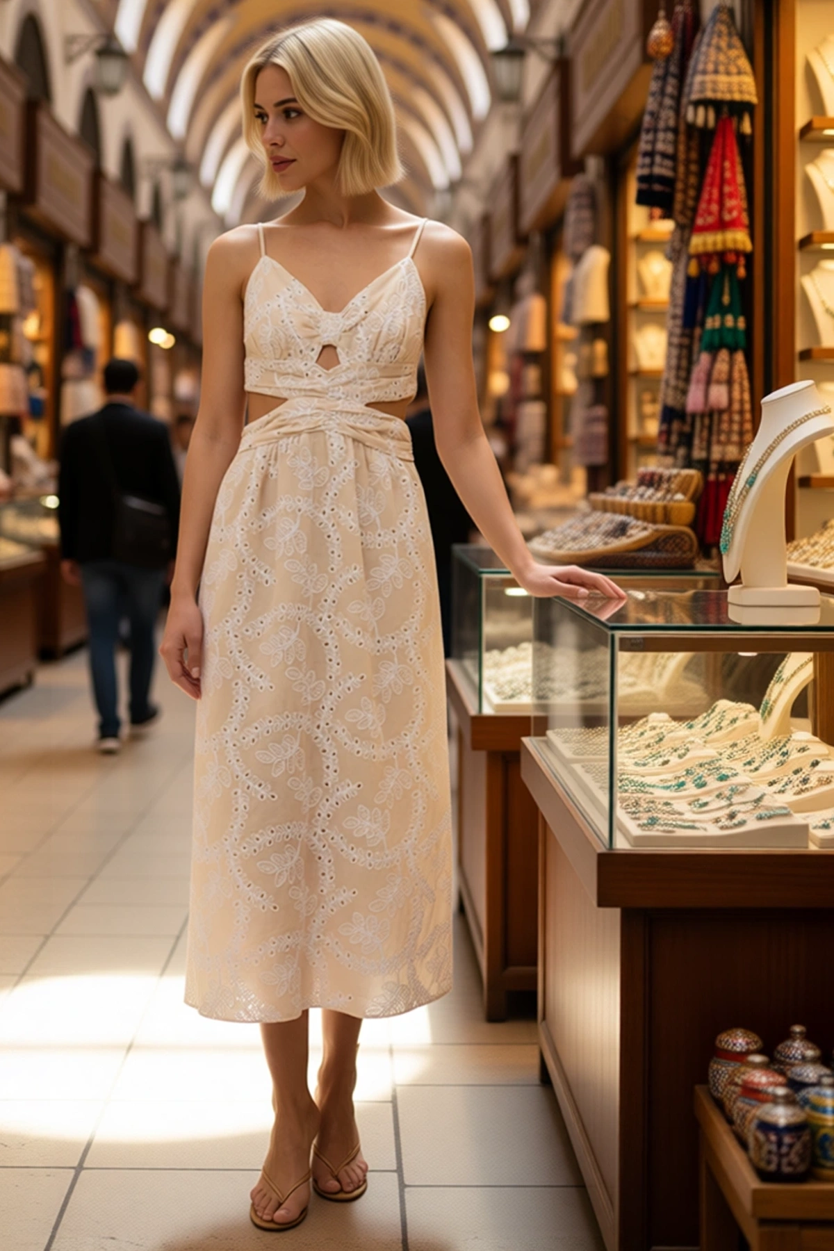 Kadın Askılı V Yaka Brode İşlemeli Maxi Slip Elbise %100 Pamuk Dokuma Astarlı Günlük Rahat Modern
