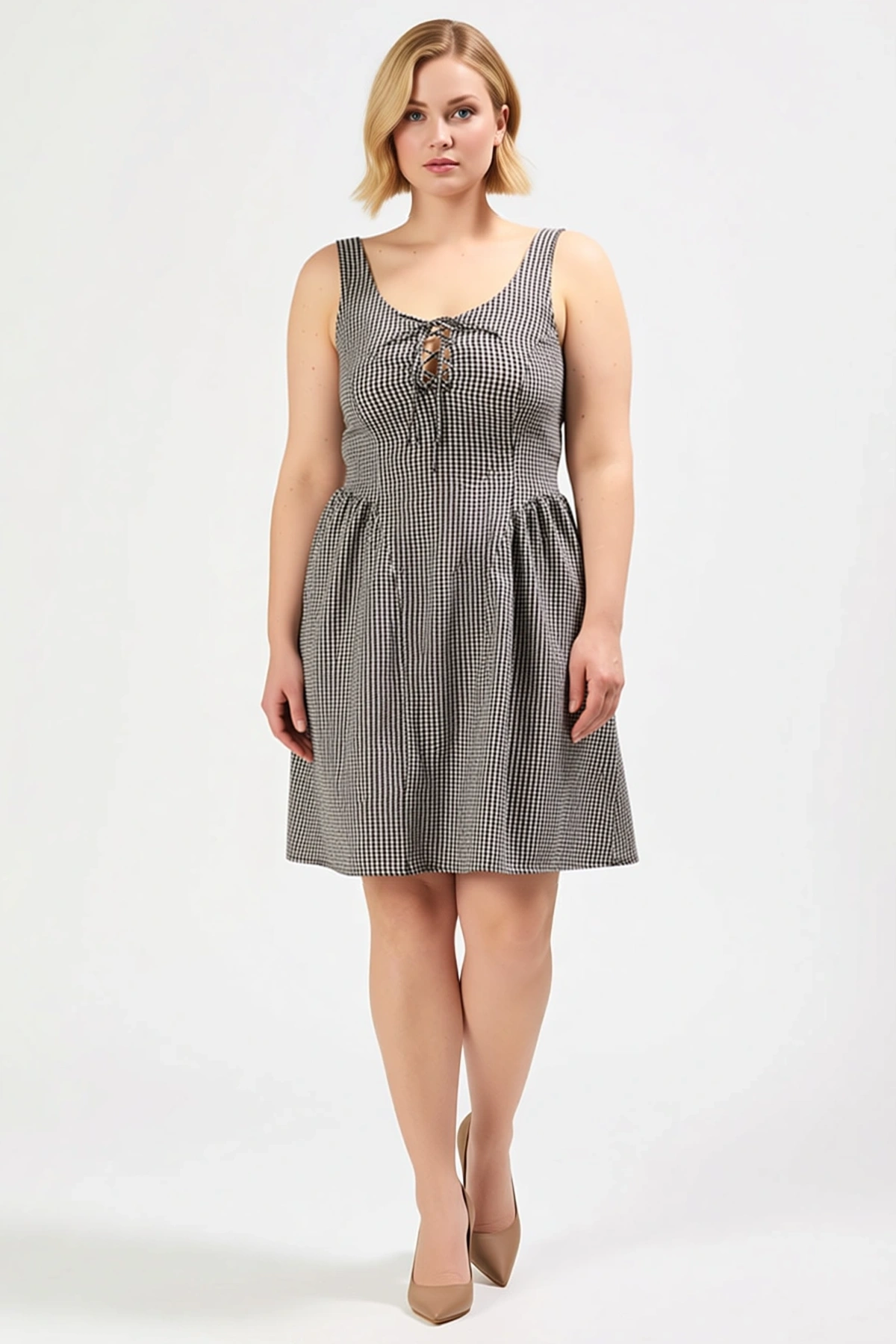 Kadın Büyük Beden Mini Elbise A Kesim Kare Yaka Kalın Askılı Ekose Desenli Gofre Dokulu Dokuma