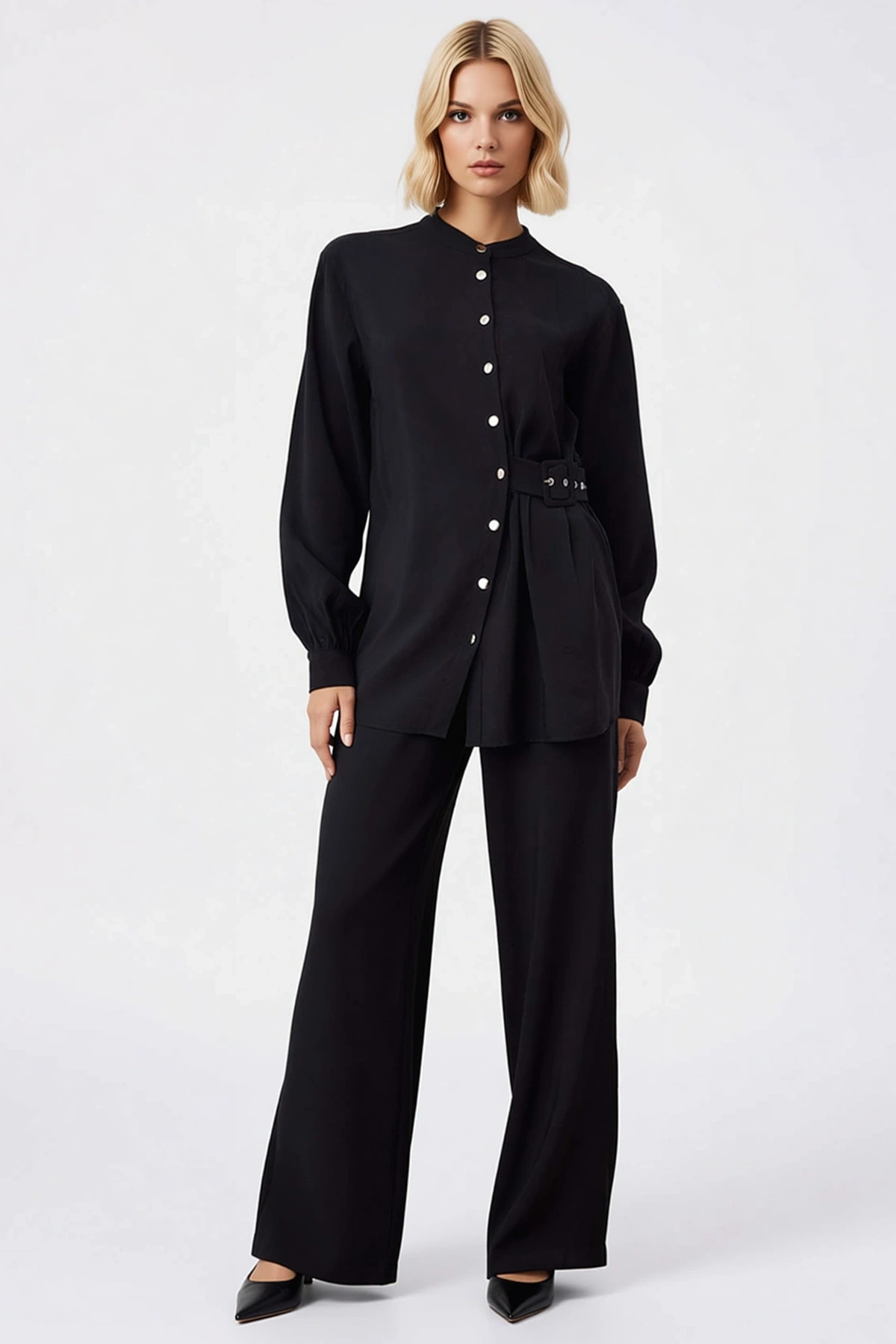 Kadın Alt Üst Kemer Toka Detaylı Viskoz Polyester Karışımı Dokuma Alt Üst Takım Günlük Şıklık Spor