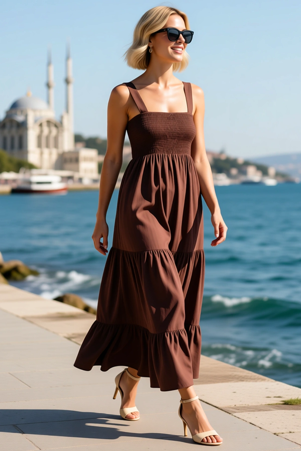 Kadın Askılı V Yaka Göğsü Lastikli Terrycotton Maxi Elbise Beden L Rahat Kesim Günlük Modern Şık