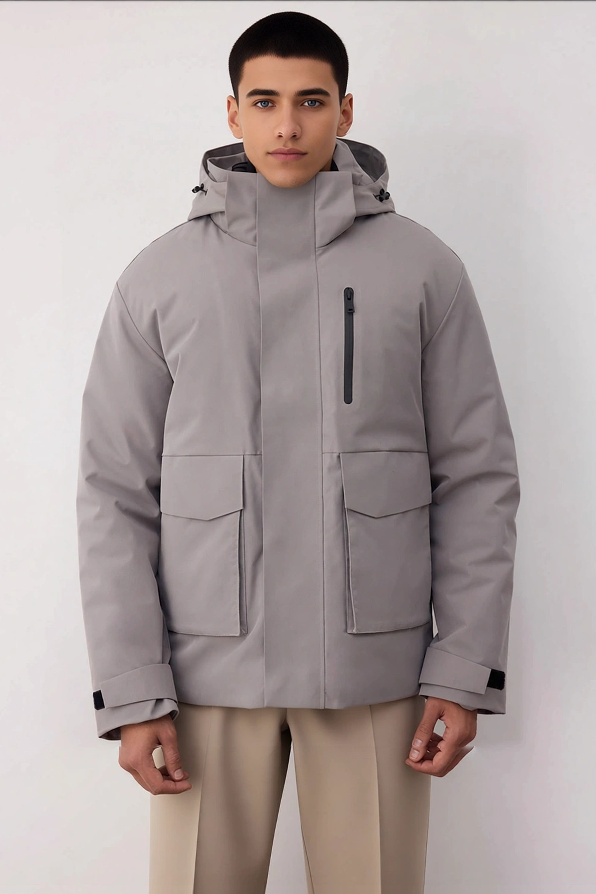 Erkek Kapüşonlu Standart Kol Fitted Kumaş Parka Fonksiyonel Dayanıklı Kaliteli Konforlu Şık