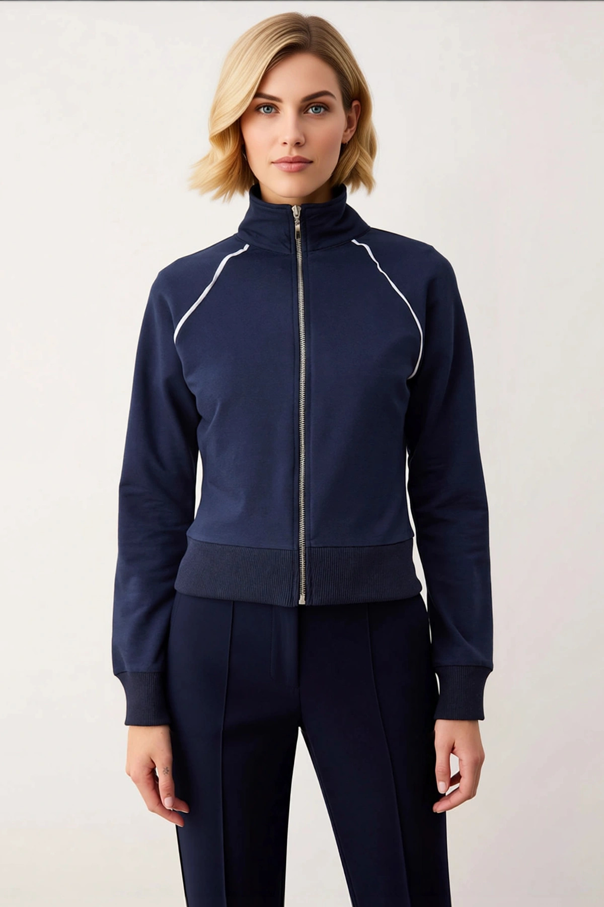 Kadın Dik Yaka Reglan Kol Fitted Fermuarlı Örme Sweatshirt Fonksiyonel Dayanıklı Kaliteli Şık