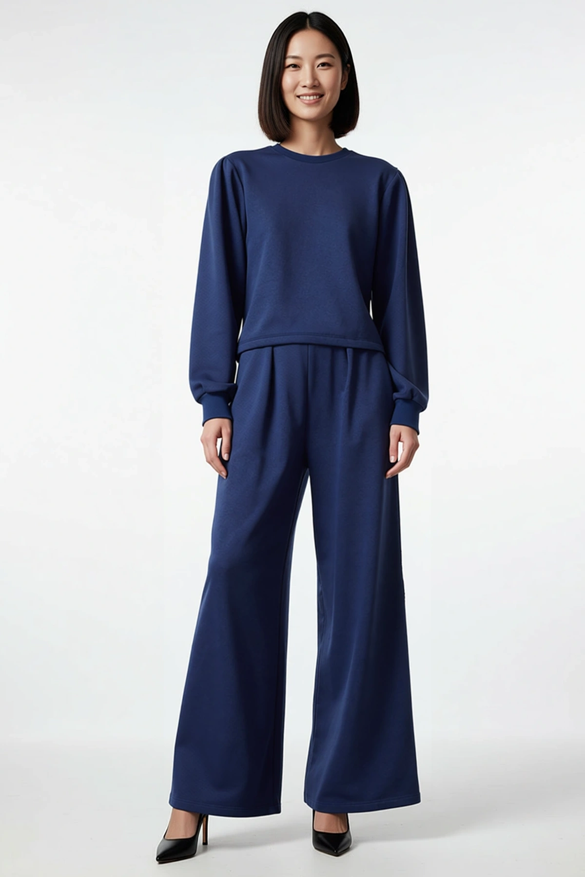 Kadın Büyük Beden Oversize Sweatshirt Eşofman Takımı Bisiklet Yaka Uzun Kol Wide Leg Rahat Kesim