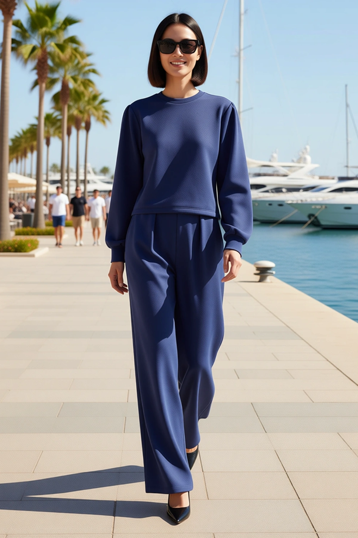 Kadın Büyük Beden Oversize Sweatshirt Eşofman Takımı Bisiklet Yaka Uzun Kol Wide Leg Rahat Kesim