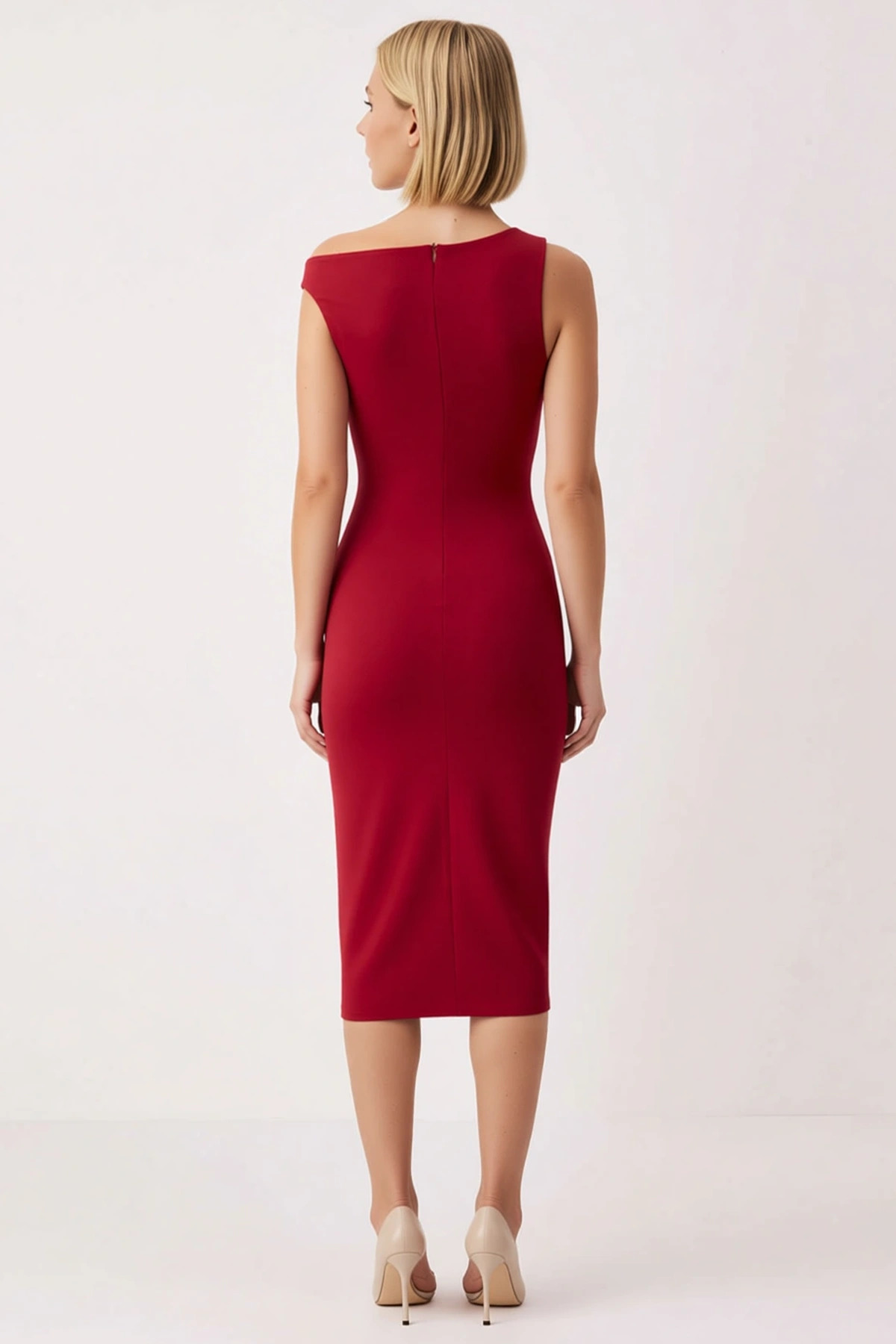 Kadın Asimetrik Yaka Kolsuz Vücudu Saran Bodycon Kalıp Midi Dokuma Elbise Fonksiyonel Spor