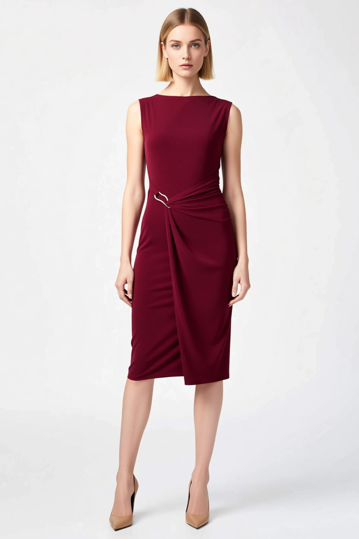 Kadın Bisiklet Yaka Kolsuz Bodycon Midi Elbise Büyük Beden Sandy Kumaş Fonksiyonel Estetik
