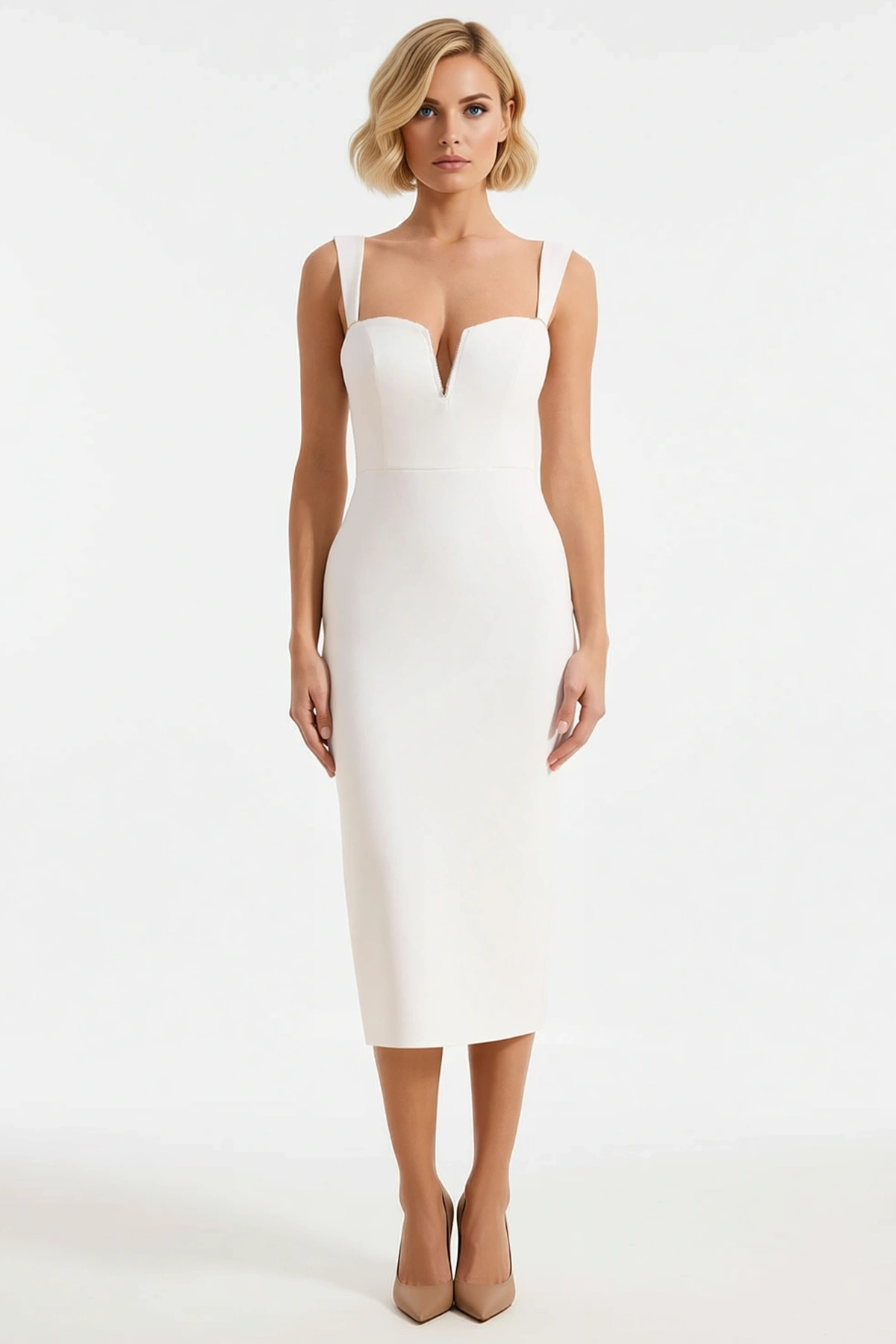 Kadın Bodycon Midi Elbise V Yaka Askılı Dokuma Finike Astarsız Düz Desenli Yapısal Tasarım