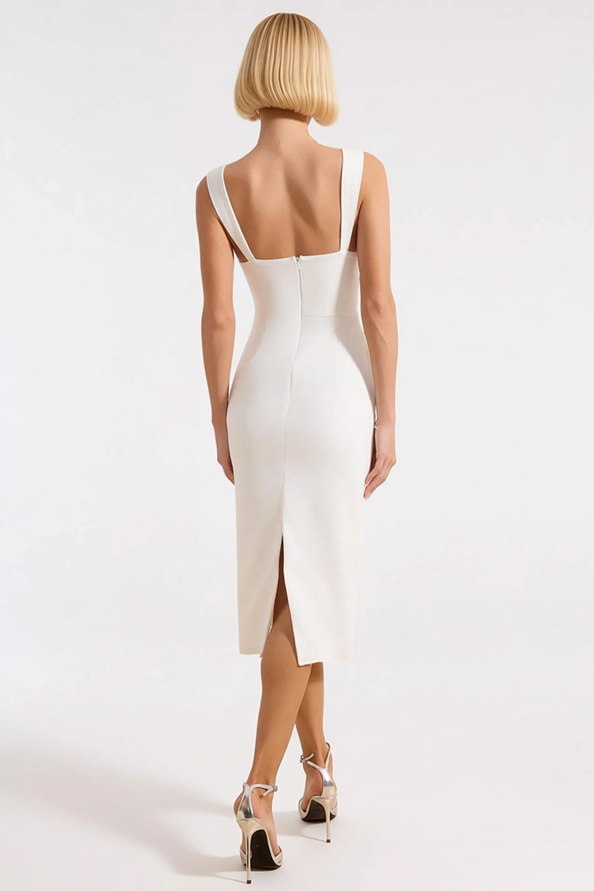 Kadın Bodycon Midi Elbise V Yaka Askılı Dokuma Finike Astarsız Düz Desenli Yapısal Tasarım