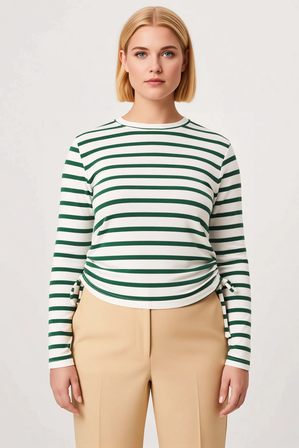 Kadın Büyük Beden Bluz Bisiklet Yaka Uzun Kol Örme Çizgili Fitted Büzgü Detaylı Crop Boy Süprem