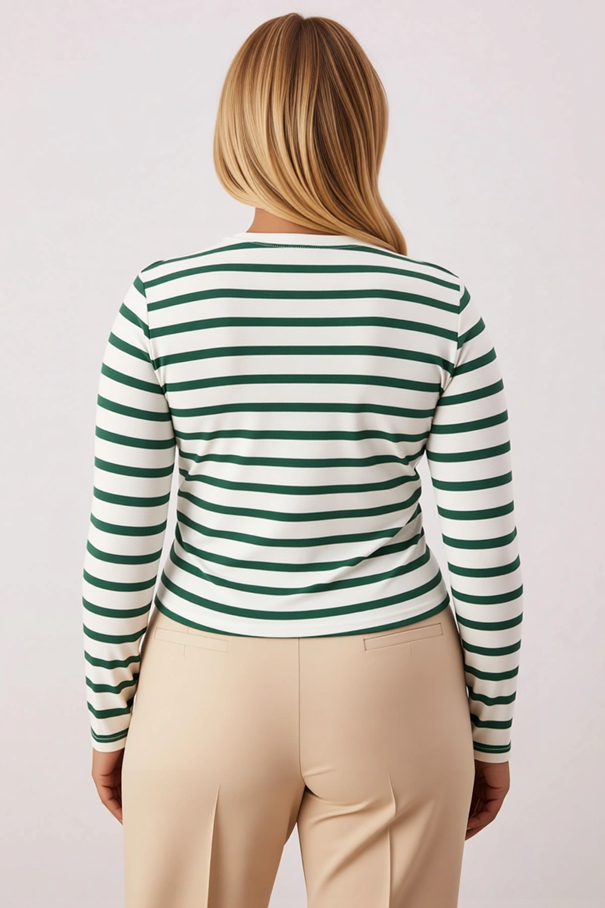 Kadın Büyük Beden Bluz Bisiklet Yaka Uzun Kol Örme Çizgili Fitted Büzgü Detaylı Crop Boy Süprem