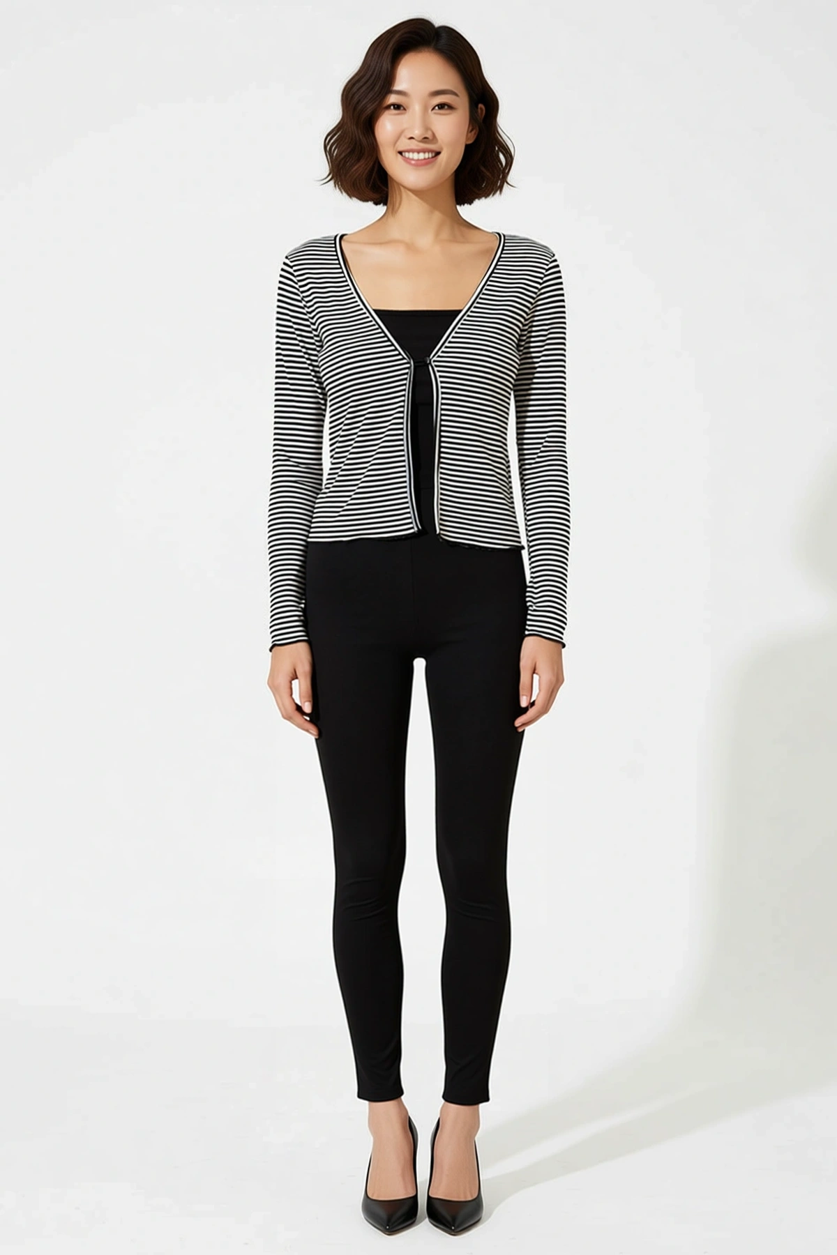 Kadın Büyük Beden Çizgili Uzun Kollu Crop Top Ispanyol Paça Takım Viskoz Elastan Rahat Günlük Modern
