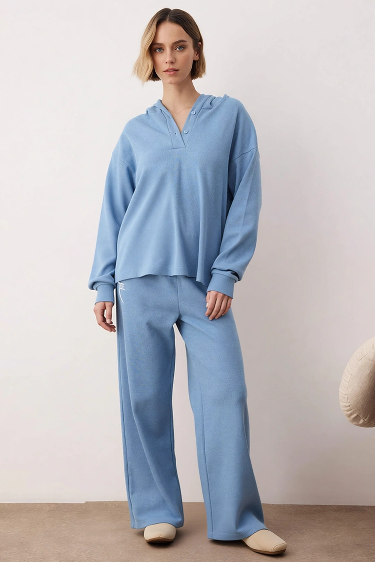 Kadın Kapüşonlu Standart Kol Regular Kalıp Waffle Örme Pijama Takımı Fonksiyonel Dayanıklı