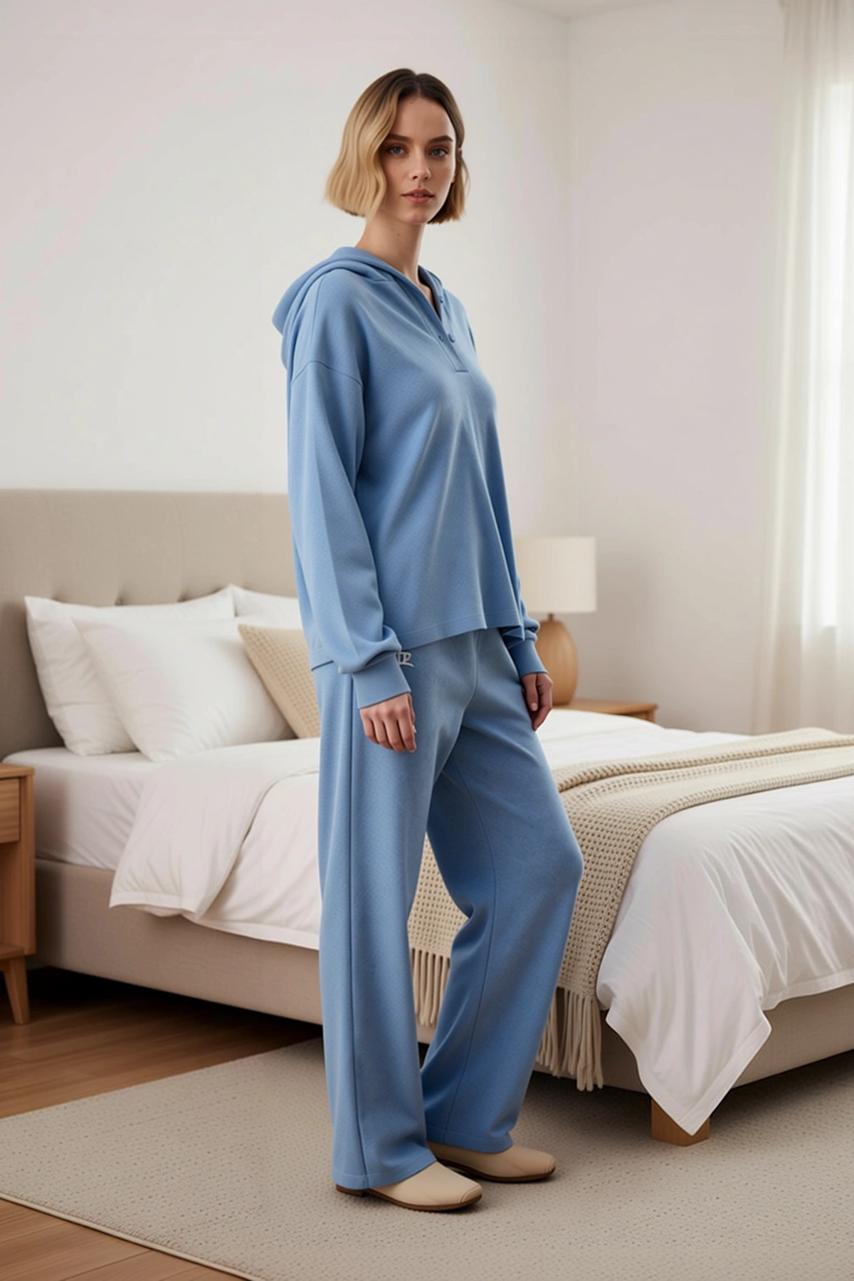 Kadın Kapüşonlu Standart Kol Regular Kalıp Waffle Örme Pijama Takımı Fonksiyonel Dayanıklı