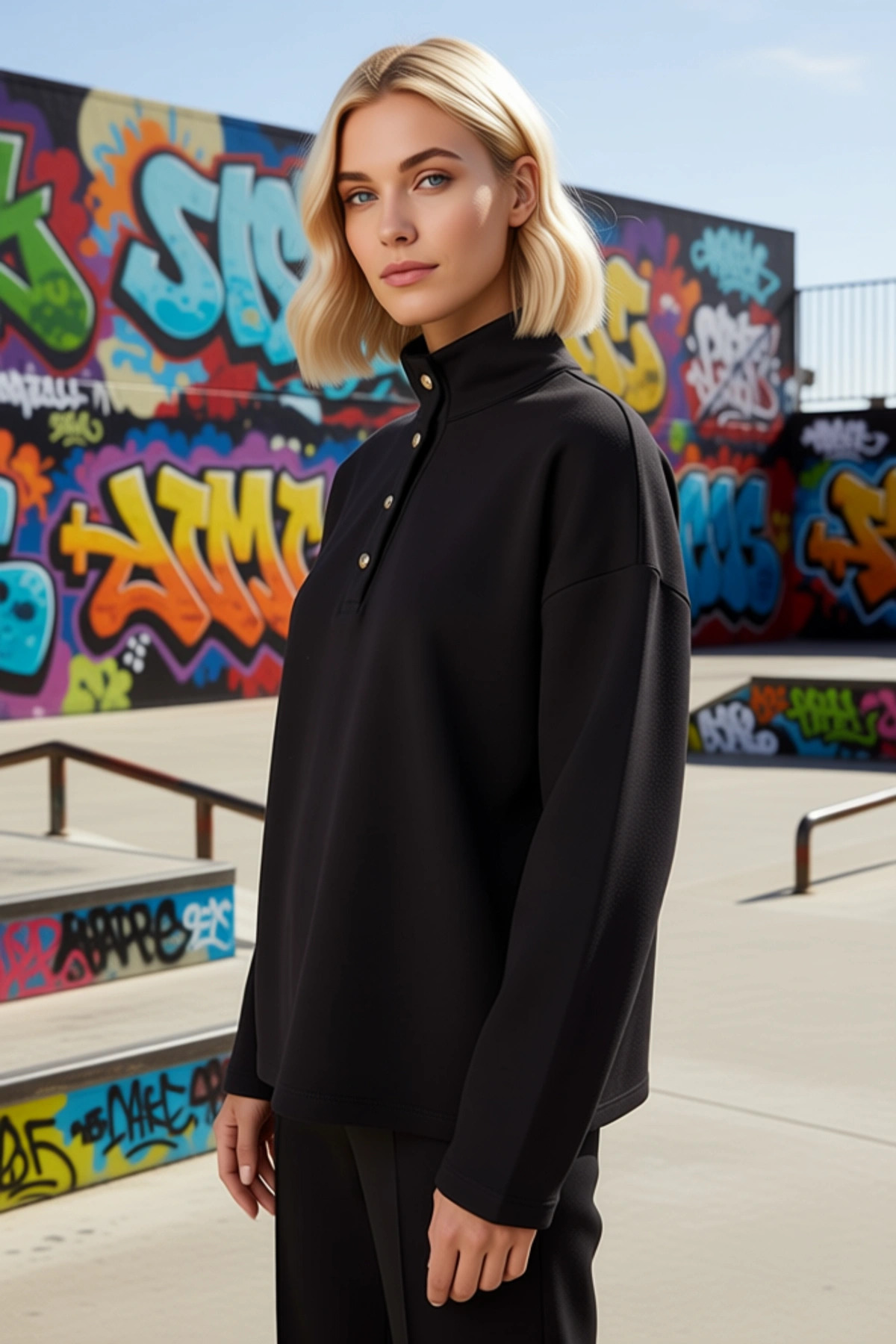 Kadın Dik Yaka Düğme Detaylı Düşük Kol Geniş Kalıp Sweatshirt Fonksiyonel Dayanıklı Modern