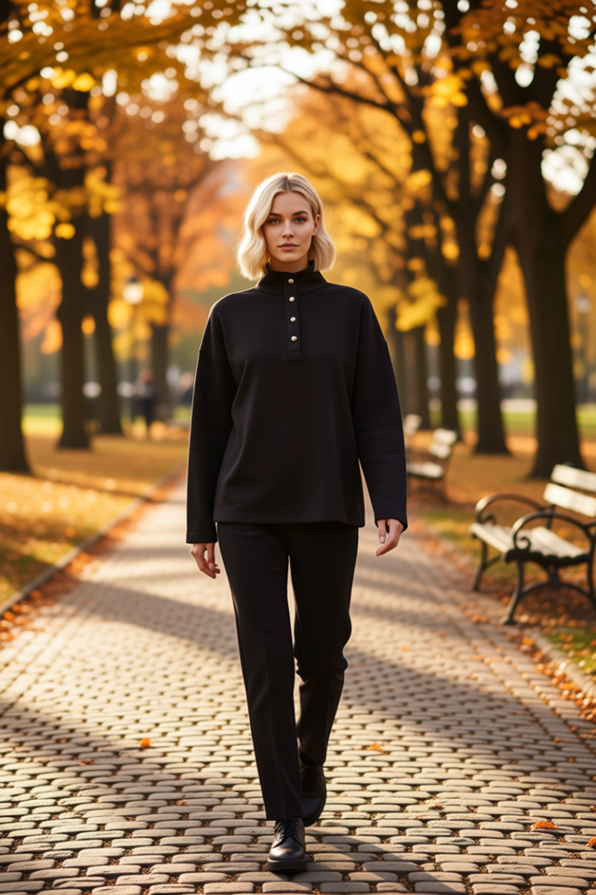 Kadın Dik Yaka Düğme Detaylı Düşük Kol Geniş Kalıp Sweatshirt Fonksiyonel Dayanıklı Modern