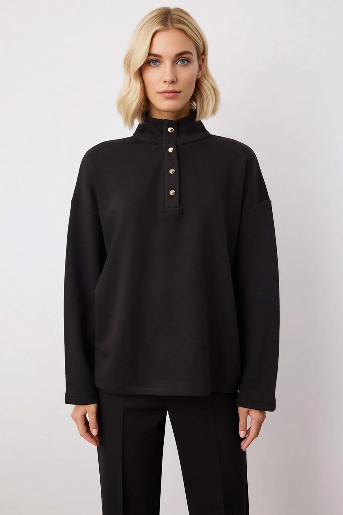 Kadın Dik Yaka Düğme Detaylı Düşük Kol Geniş Kalıp Sweatshirt Fonksiyonel Dayanıklı Modern
