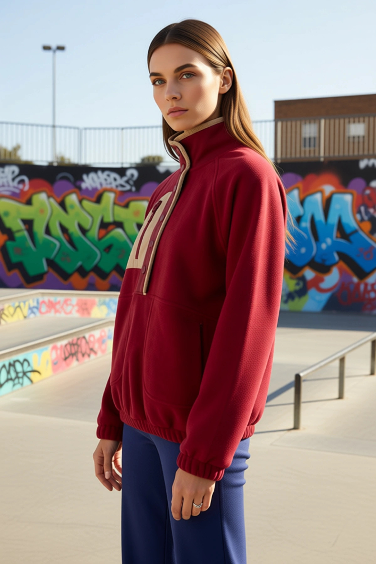 Kadın Dik Yaka Reglan Kol Oversize Polar Sweatshirt Fonksiyonel Dayanıklı Kaliteli Estetik