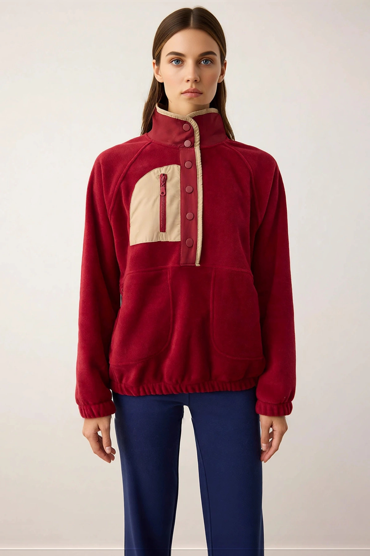 Kadın Dik Yaka Reglan Kol Oversize Polar Sweatshirt Fonksiyonel Dayanıklı Kaliteli Estetik