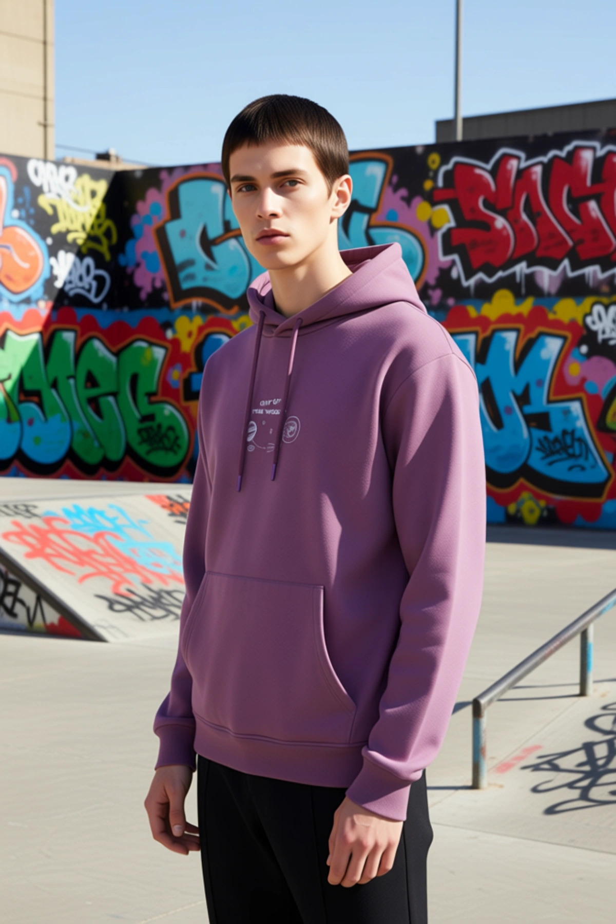 Erkek Kapüşonlu Standart Kol Regular Kalıp Uzay Nakışlı Sweatshirt Fonksiyonel Dayanıklı Şık