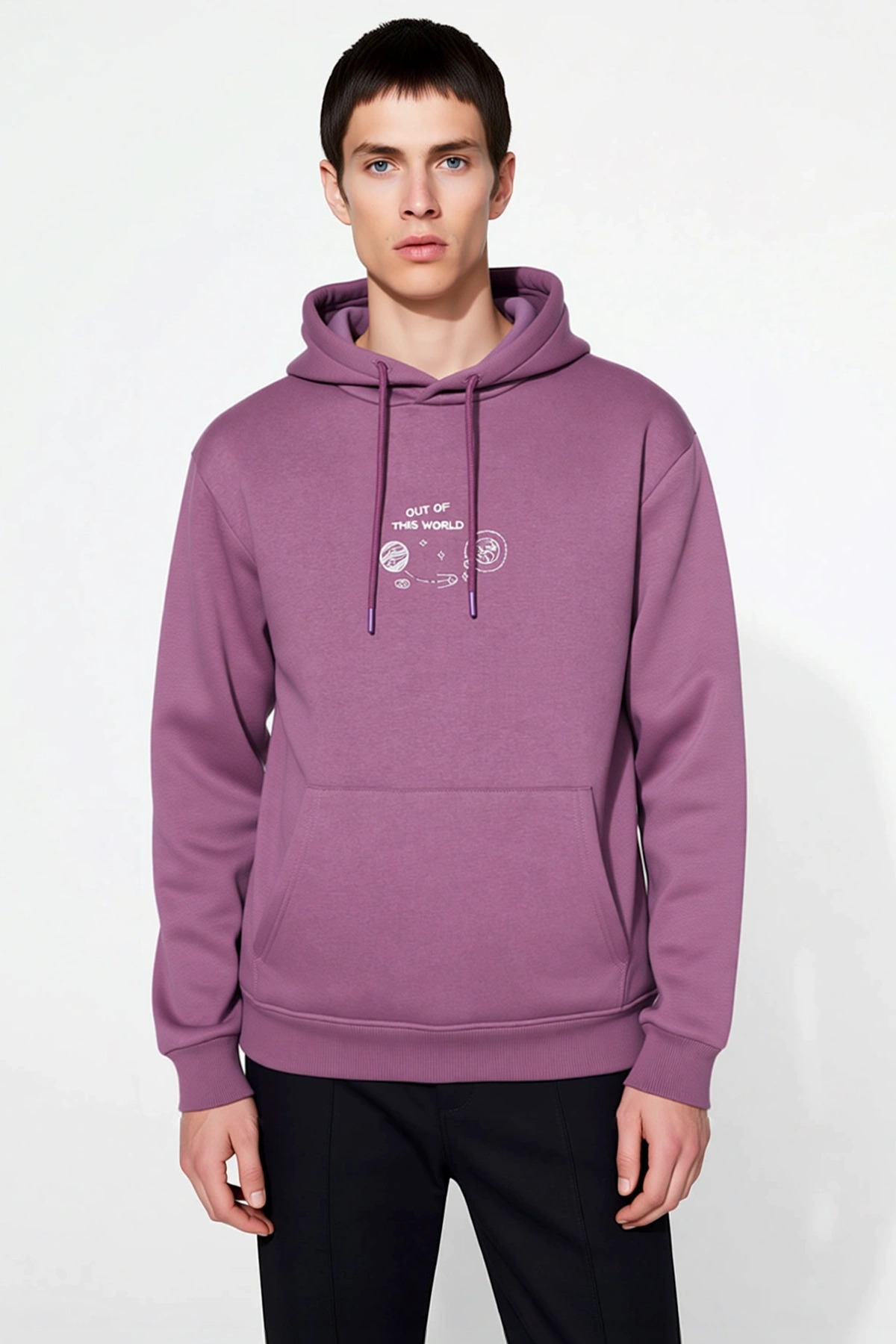Erkek Kapüşonlu Standart Kol Regular Kalıp Uzay Nakışlı Sweatshirt Fonksiyonel Dayanıklı Şık